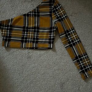 Stylish Mustard Plaid One-Shoulder Top
